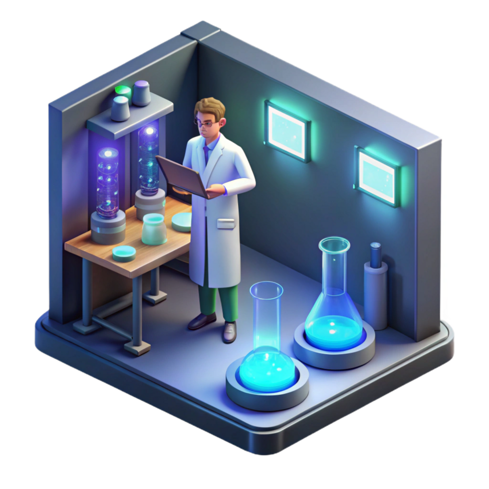 elegant organic A lone scientist working in a high tech laboratory, surrounded by bubbling beakers and glowing screens, cool lighting, isometric view, pixel art, luxury png