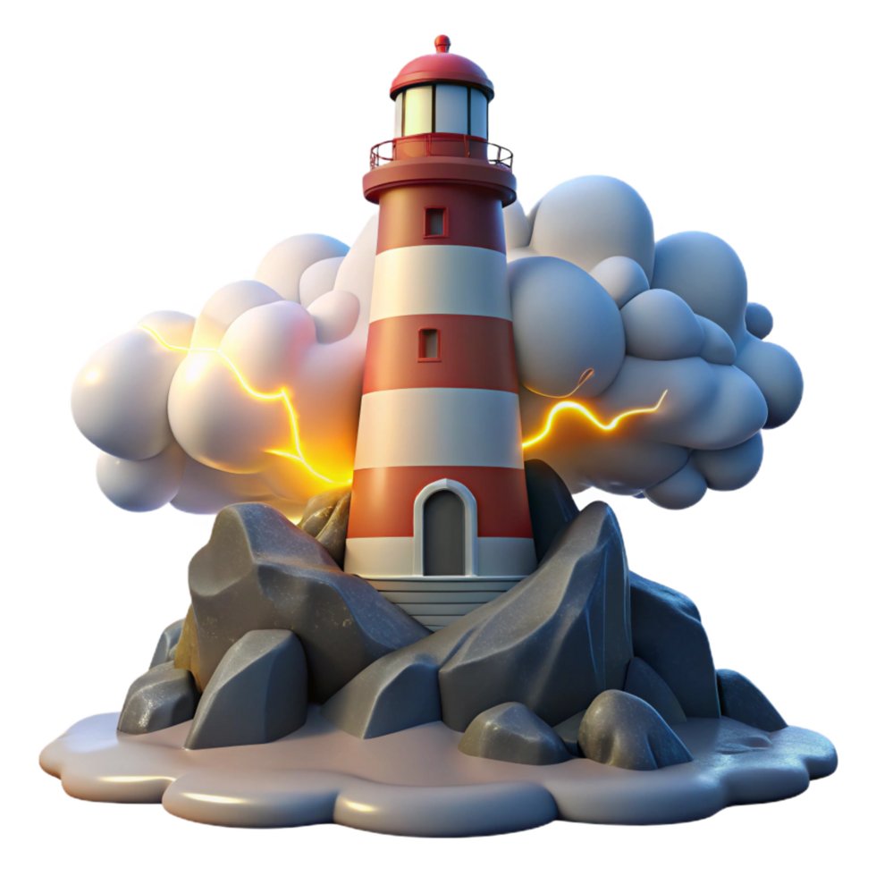pristine remarkable A towering lighthouse on a rocky coast, crashing waves, dramatic storm clouds, flashing light png