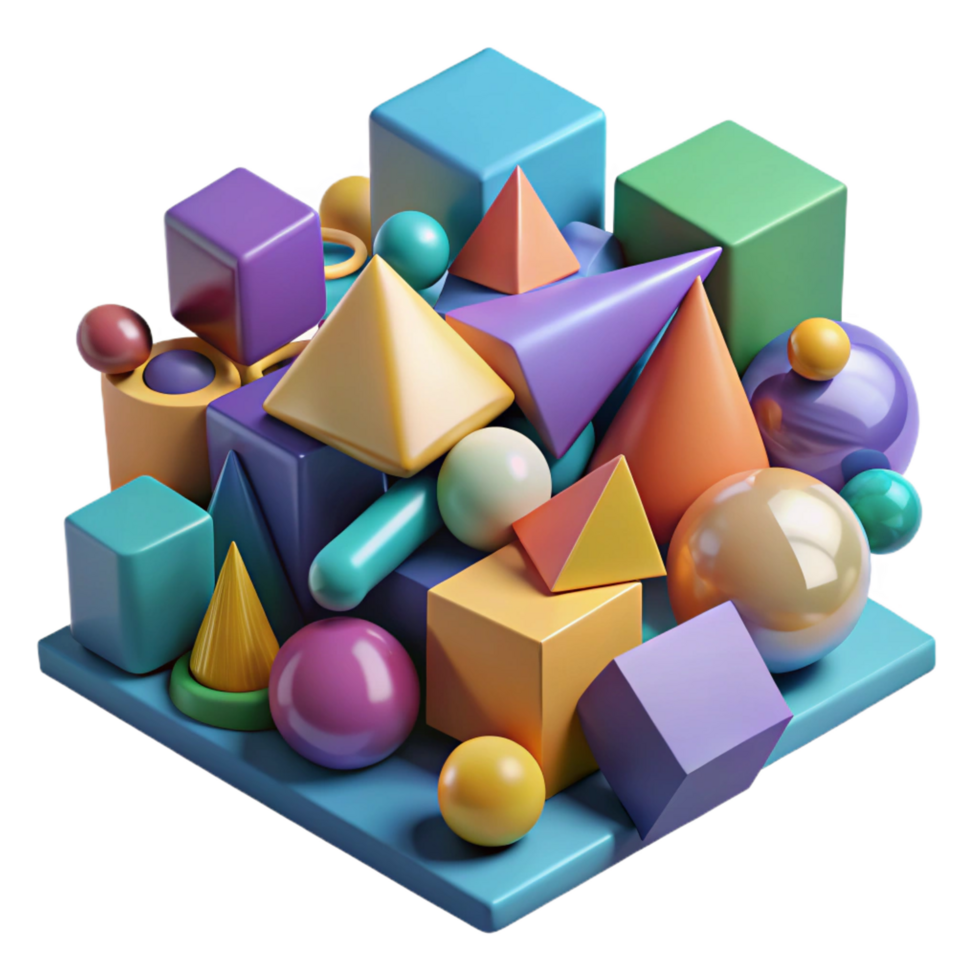 impressive modern A field of geometric shapes, each with a unique texture and color, arranged in a chaotic but harmonious composition. Abstract geometric art style, vibrant palette museum quality png