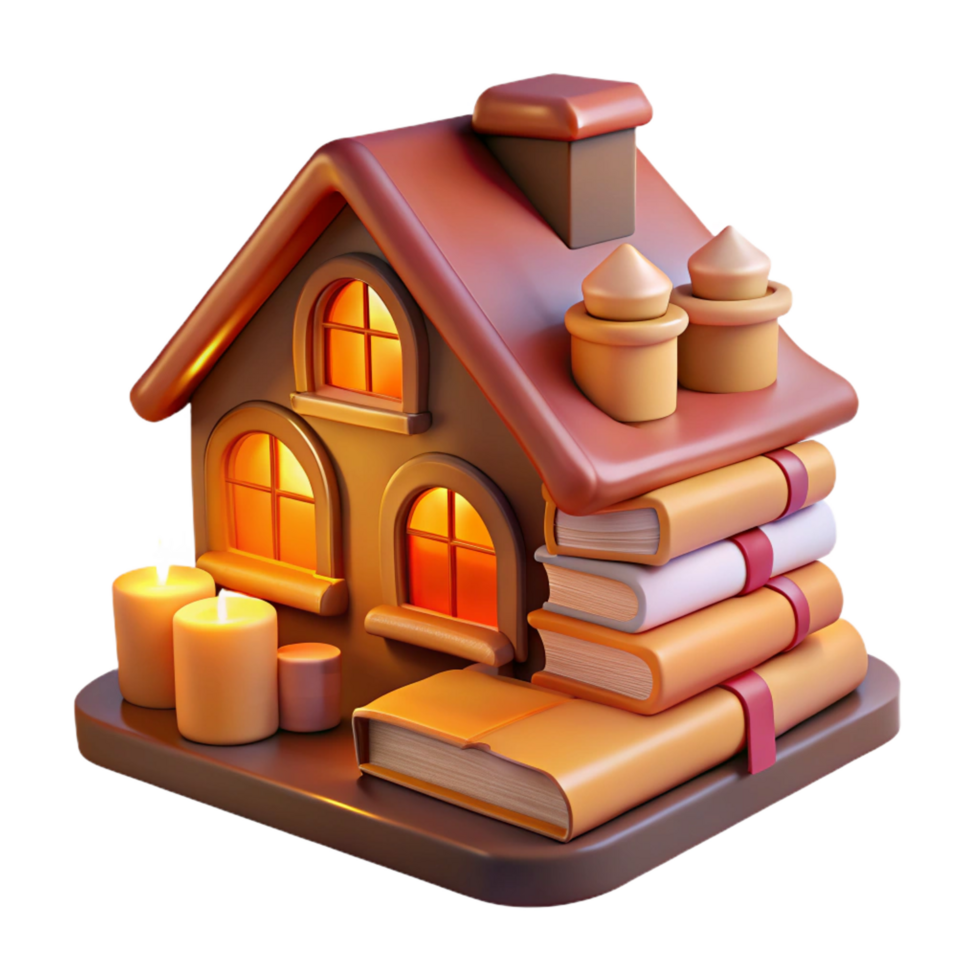 splendid organic A house made entirely of books, warm lighting, cozy atmosphere, whimsical, exclusive png