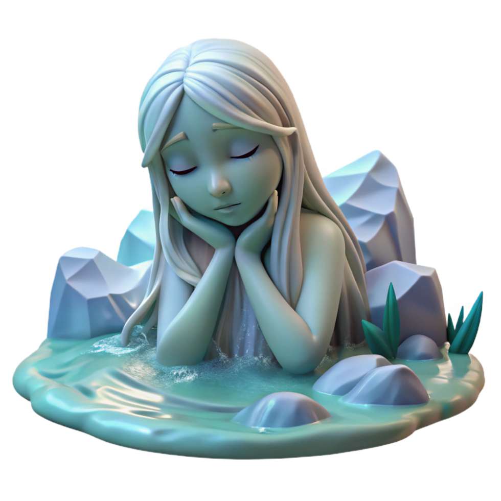 hypnotic tropical A melancholic water nymph weeping by a crystal clear stream, soft, ethereal lighting, fantasy art handcrafted png