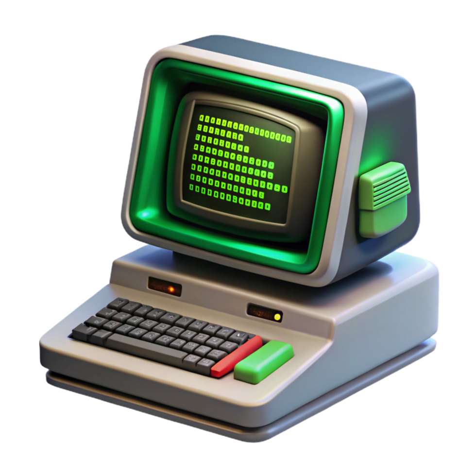 passionate captivating A vintage computer terminal displaying complex code, green text on a black screen, retrofuturism style sharp png