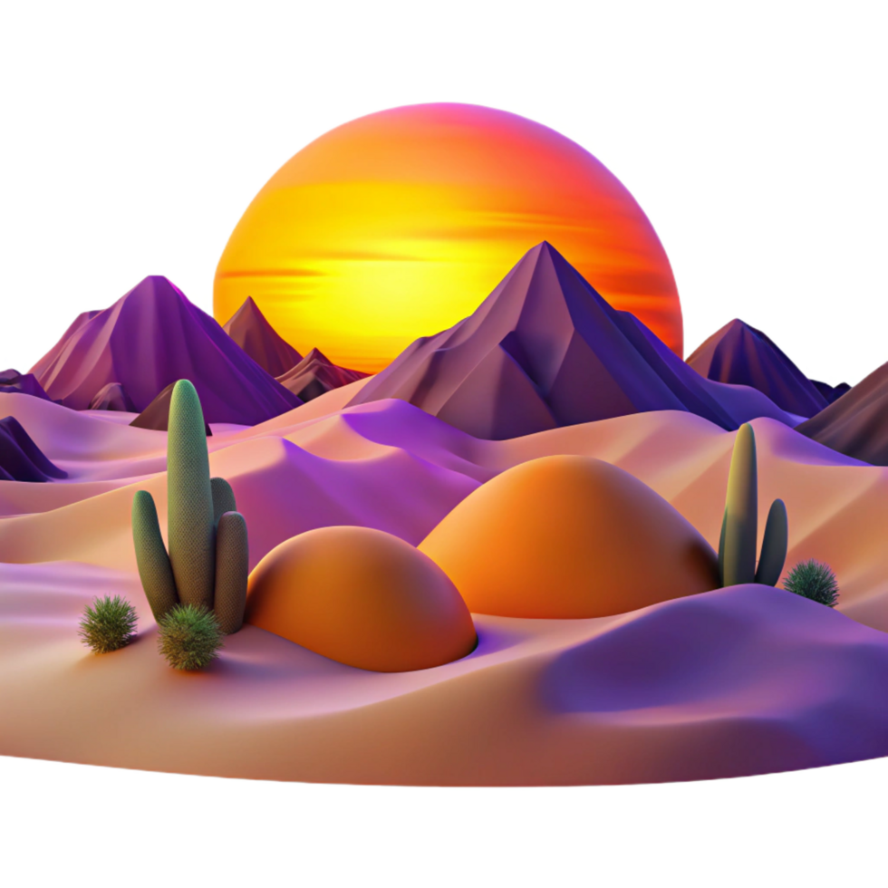 exemplary avant garde A desert landscape at sunset, warm orange and purple hues, cinematic style museum quality png