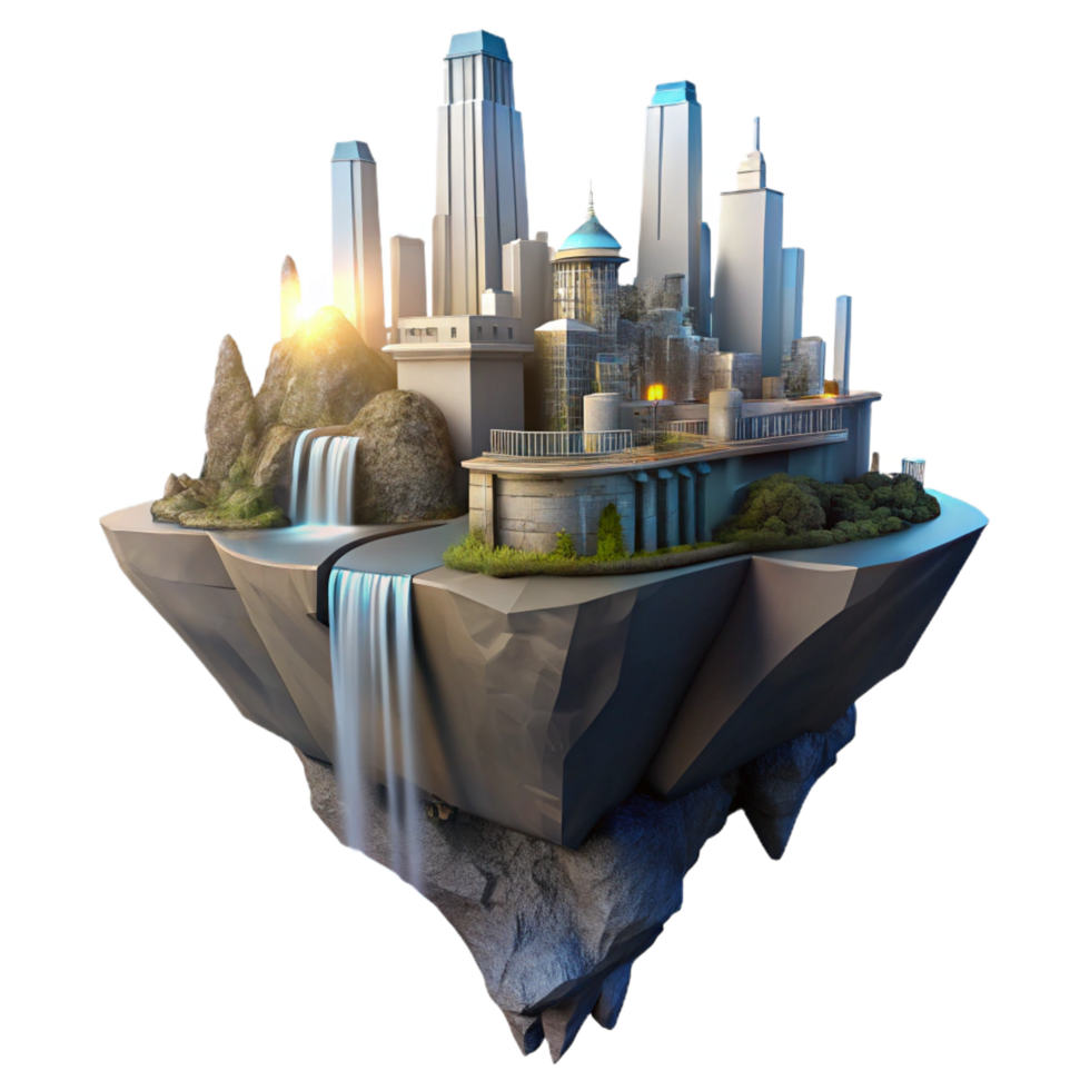 alluring contemporary A futuristic city, built on the side of a cliff, with waterfalls cascading down its walls, illuminated by the soft light of dawn. Sunrise lighting, matte painting style crisp png