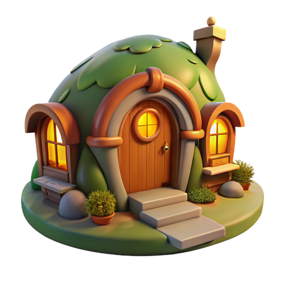 immaculate distinguished A cozy, hobbit hole style home built into a hillside, warm and inviting lighting, whimsical and charming style png