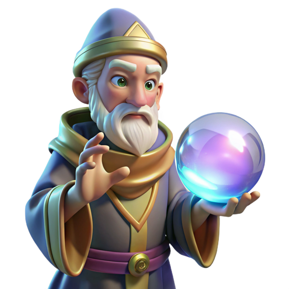 standout modern A wise old oracle gazing into a crystal ball filled with swirling mist, illuminated by candlelight. Fantasy art style professional png