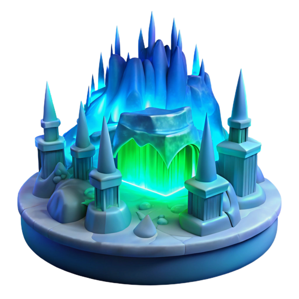 iconic avant garde An ice palace with intricate carvings, glowing blue light, aurora borealis in the sky precision png