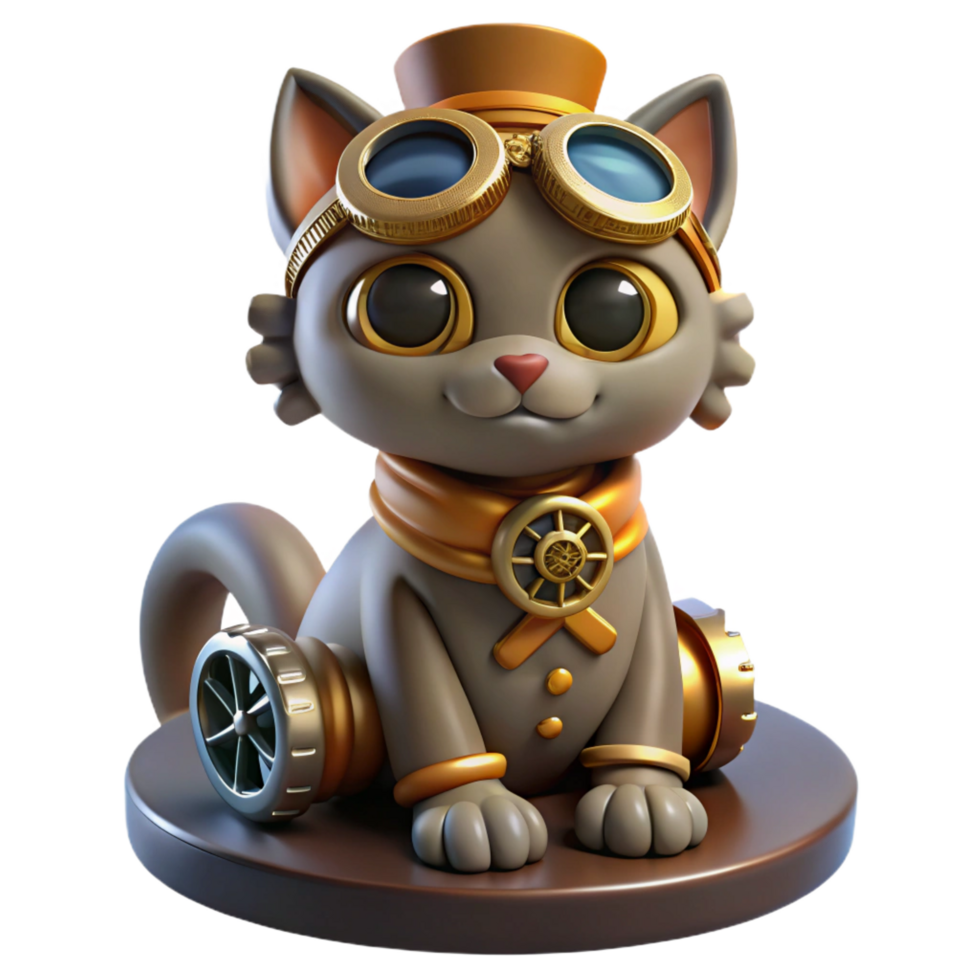 timeless traditional A portrait of a steampunk cat, wearing goggles and a tiny top hat, sitting on a pile of gears. Soft, diffused lighting with a playful atmosphere masterfully captured png
