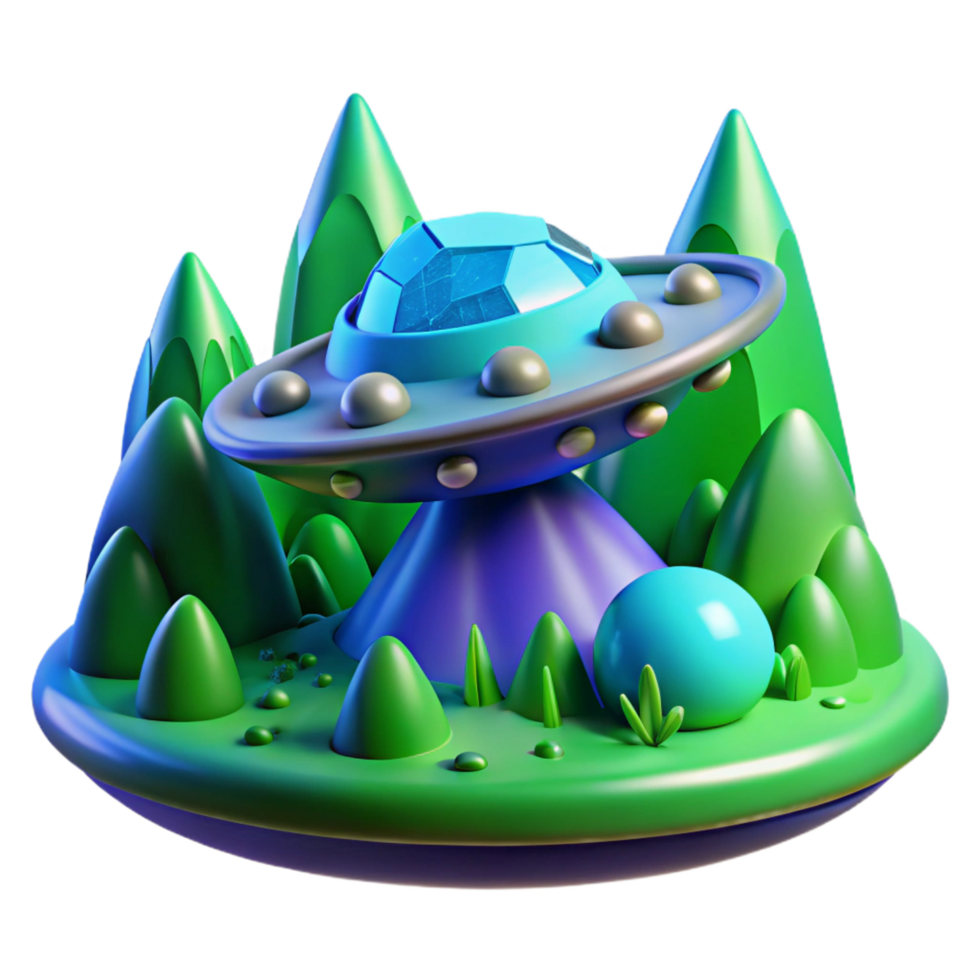 peaceful extraordinary A spaceship landing on a lush, alien planet, vibrant green and blue hues, matte painting style museum quality png