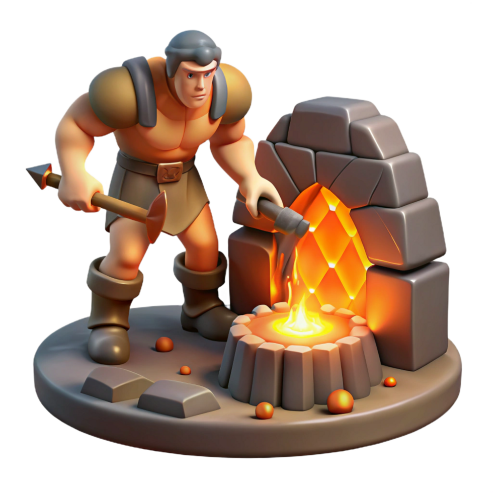 enchanting timeless A cyclops forging a weapon in his cave, fiery orange light, fantasy art style png