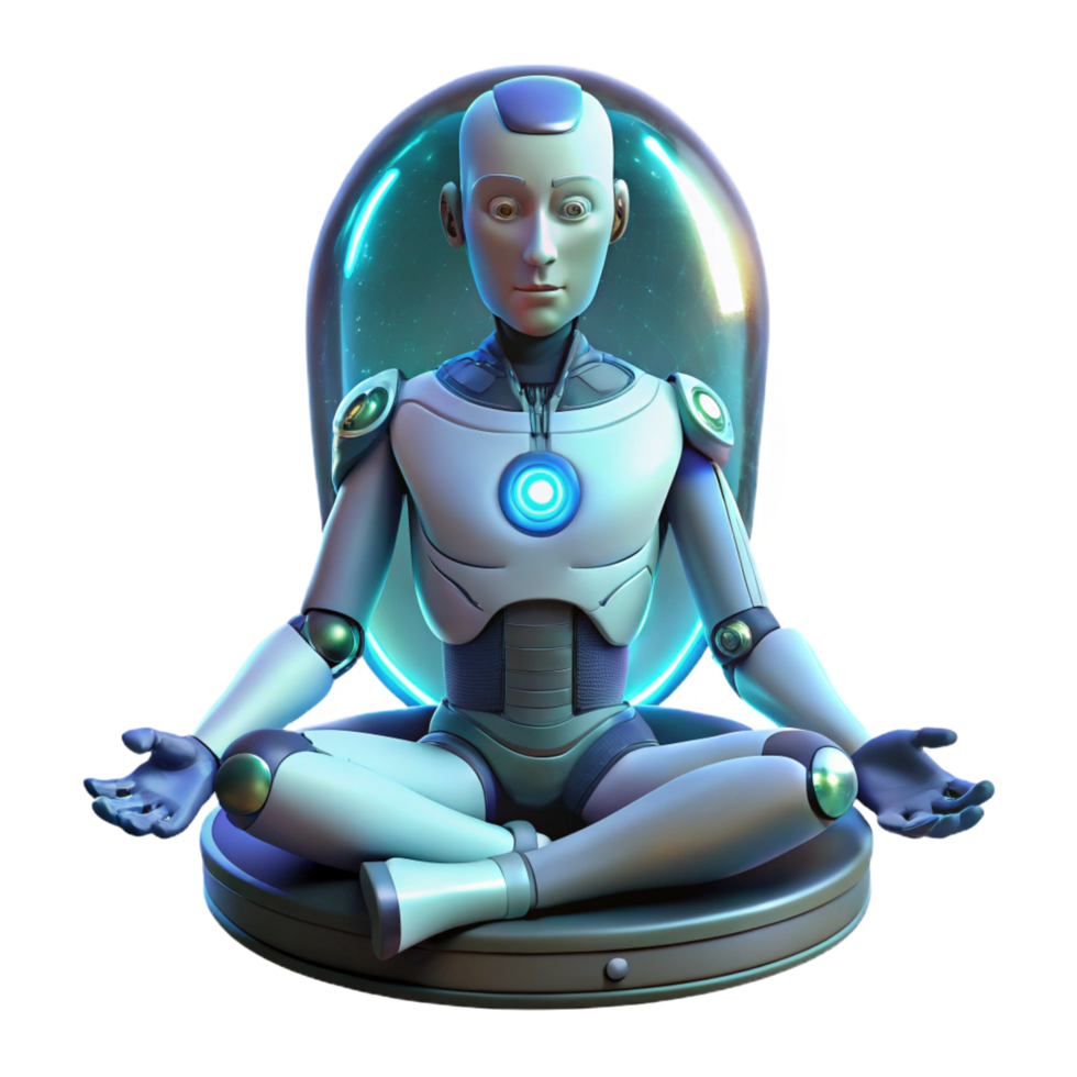 radiant reflective coastal A cyborg with intricate, glowing circuitry visible beneath their synthetic skin, meditating in a zero gravity chamber. Biopunk style. Soft lighting perfect clarity png