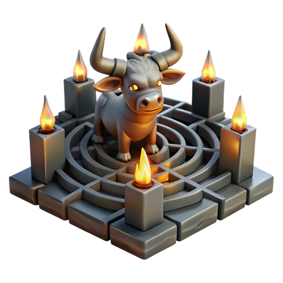 ethereal beautiful A minotaur trapped in the labyrinth, dimly lit by torches, gritty realism style authentic png