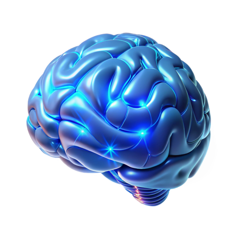 extraordinary coveted A holographic projection of a human brain, rotating slowly, intricate neural networks glowing, illuminated by cool blue light in a minimalist style png