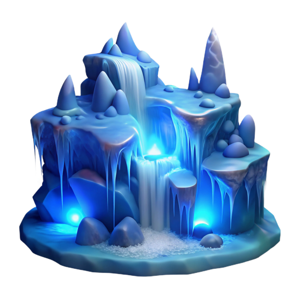 reflective stunning A frozen waterfall illuminated by the moonlight, detailed and realistic, with a cold, blue color palette crisp png