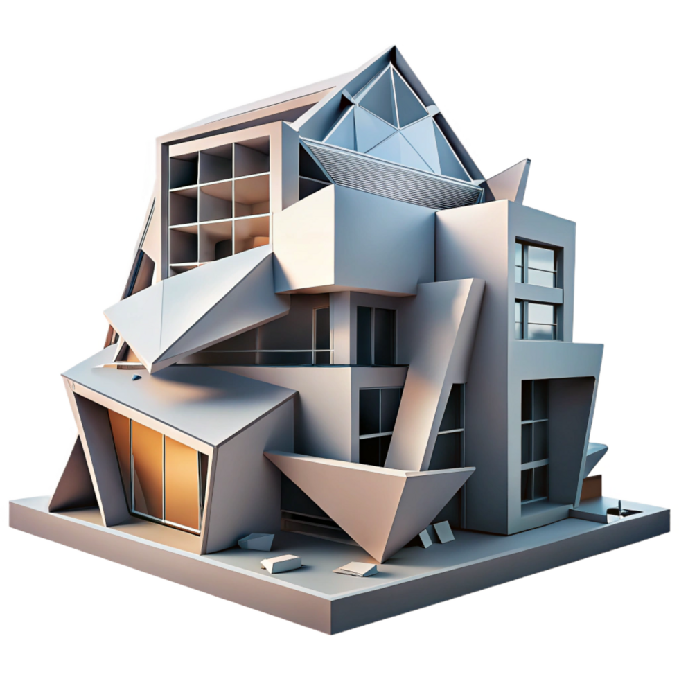 peaceful serene Deconstructivist building with fragmented shapes and distorted angles, sharp contrasting light and shadow, abstract art style authentic png