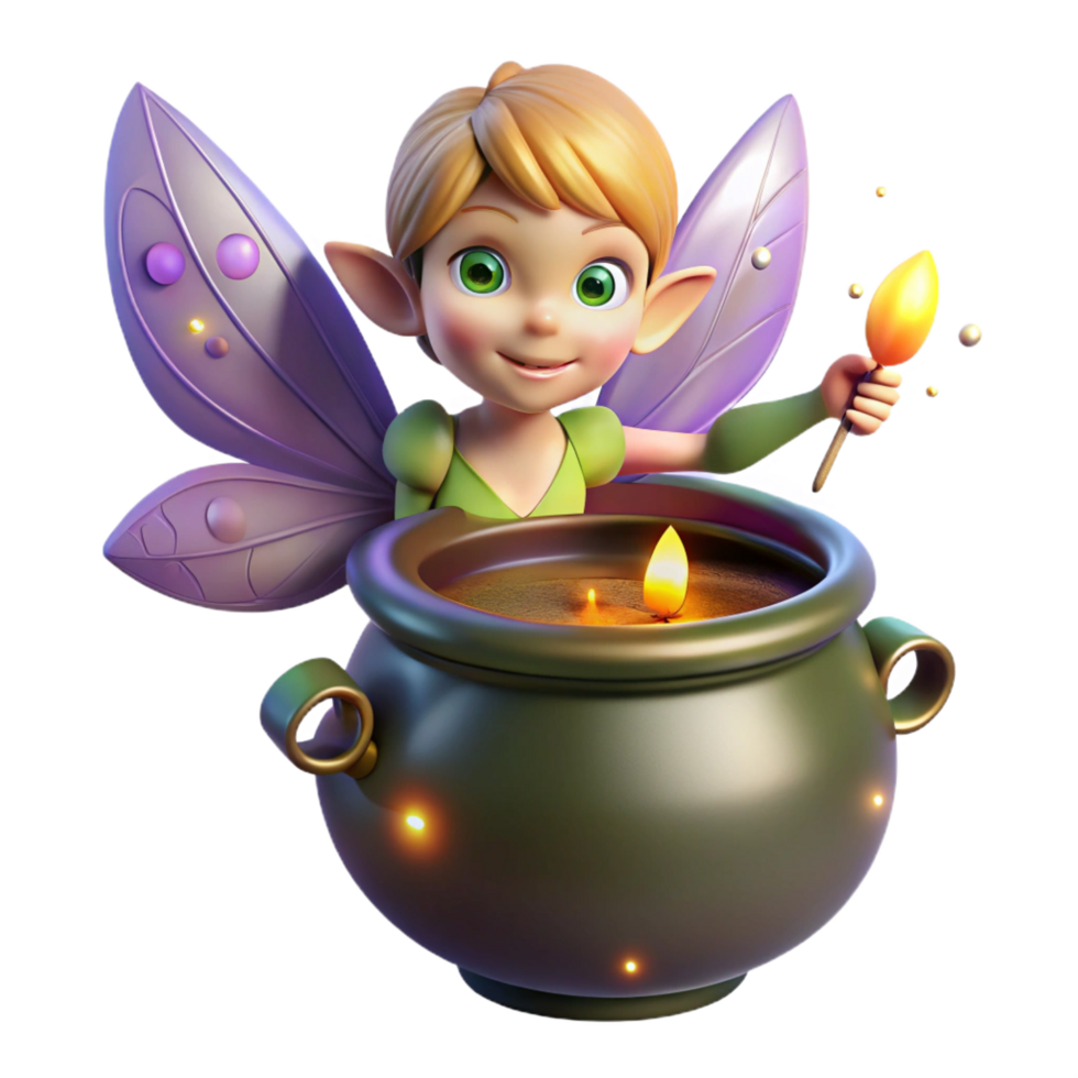 immaculate gothic A mischievous pixie with iridescent wings hovering over a bubbling cauldron, surrounded by fireflies, whimsical illustration fine detail png
