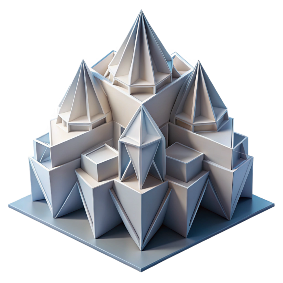 breathtaking industrial An intricate origami inspired building, folded paper like structures, soft lighting studio quality png