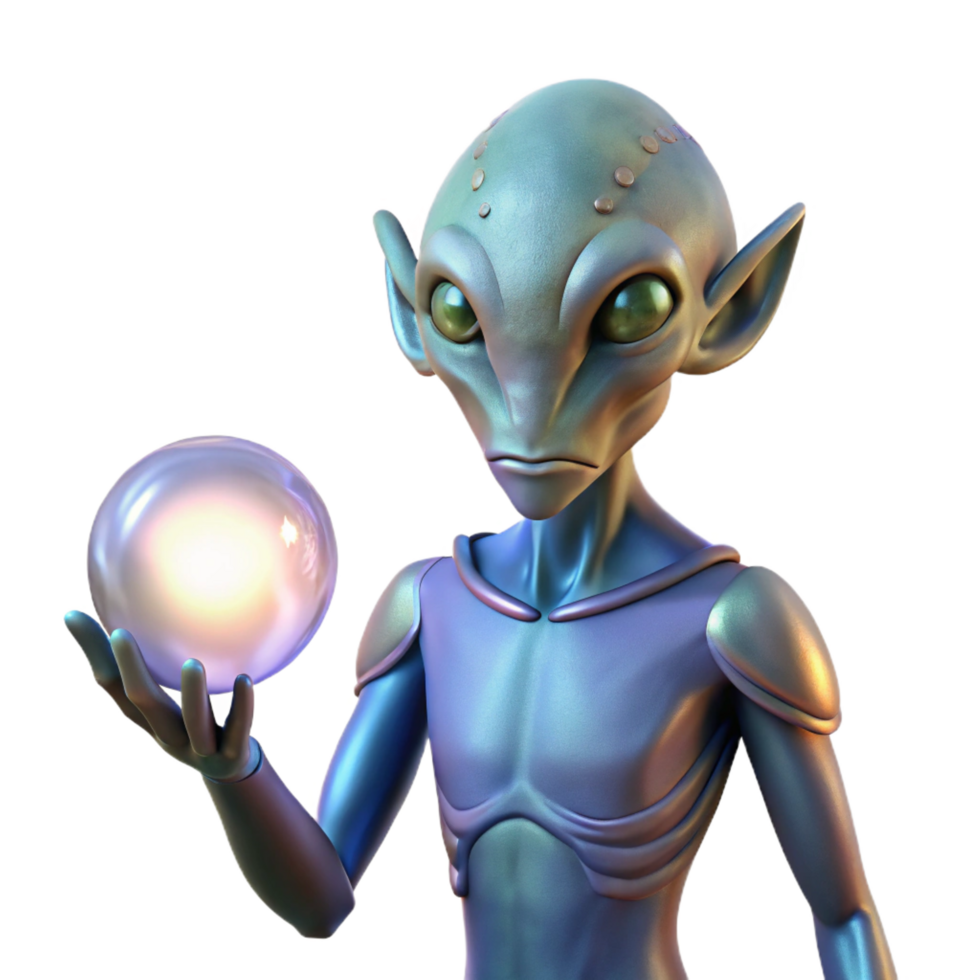 joyful striking A humanoid alien with iridescent scales, holding a glowing orb, floating in a nebula. Fantasy art style. Dreamlike lighting perfect clarity png