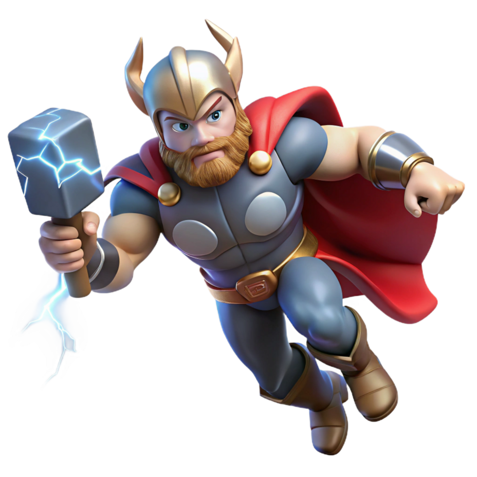 magnificent nostalgic artistic A fierce Thor wielding Mjolnir, lightning crackling around him, comic book style, dramatic, lightning filled lighting high quality png