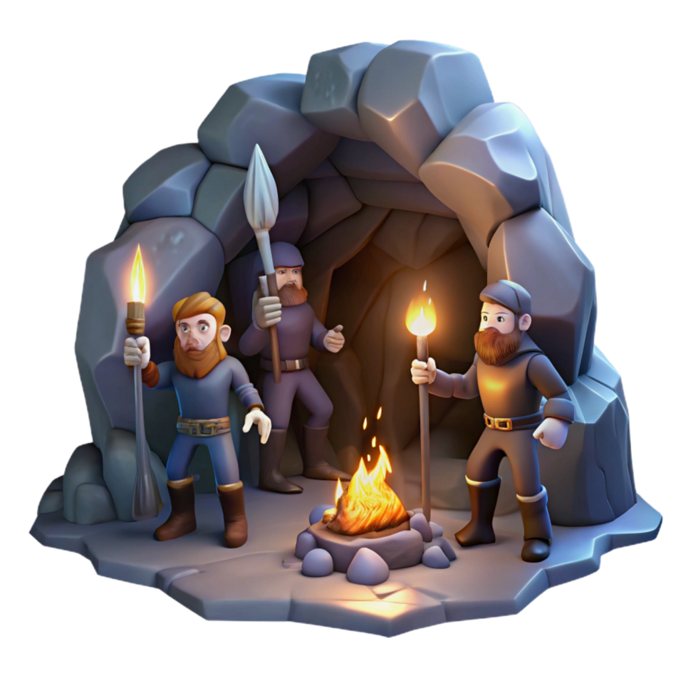 dramatic creative A group of adventurers exploring a dark and mysterious cave, flickering torchlight, adventurous and gritty style expertly shot png