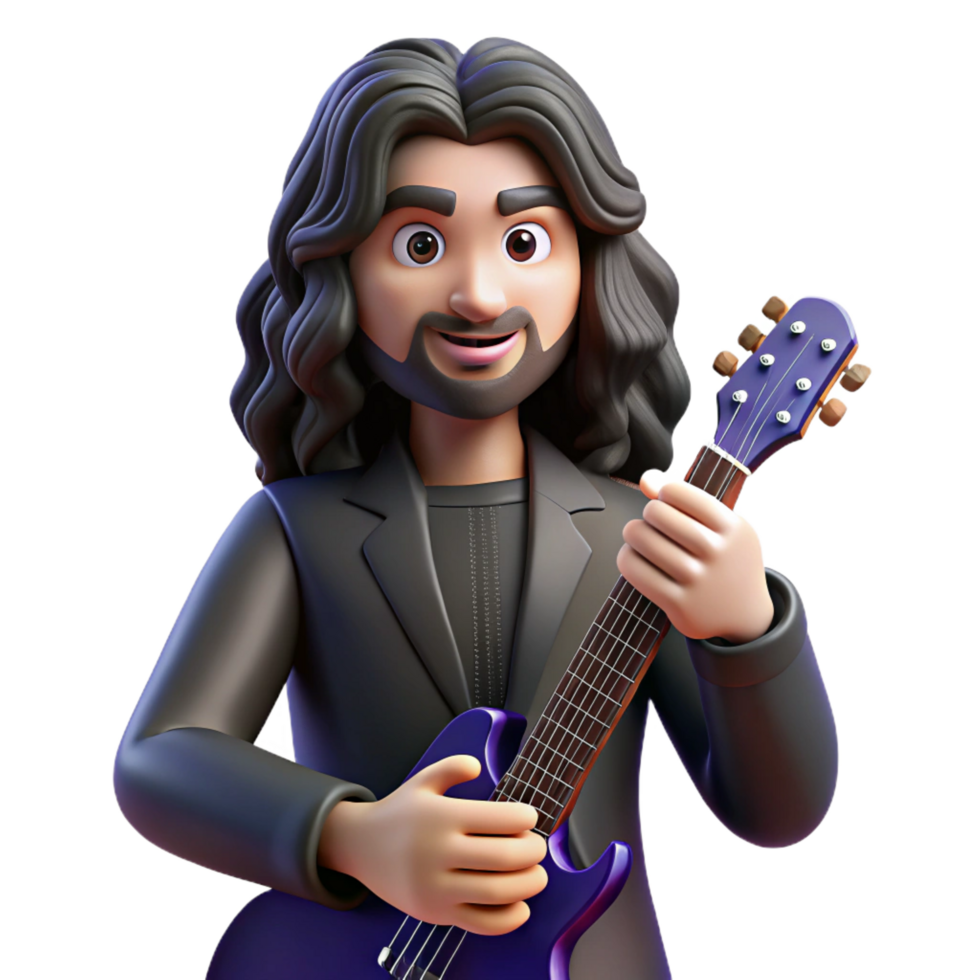 notable rustic Portrait of a charismatic musician with long, flowing black hair and a soulful expression, holding a guitar, lit by colorful stage lights, rock and roll photography style professional png