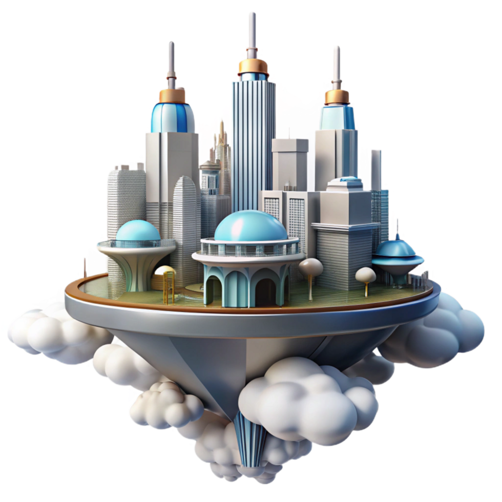 dazzling energetic surreal A futuristic city floating in the clouds, skyscrapers piercing the sky, utopian style expertly shot png