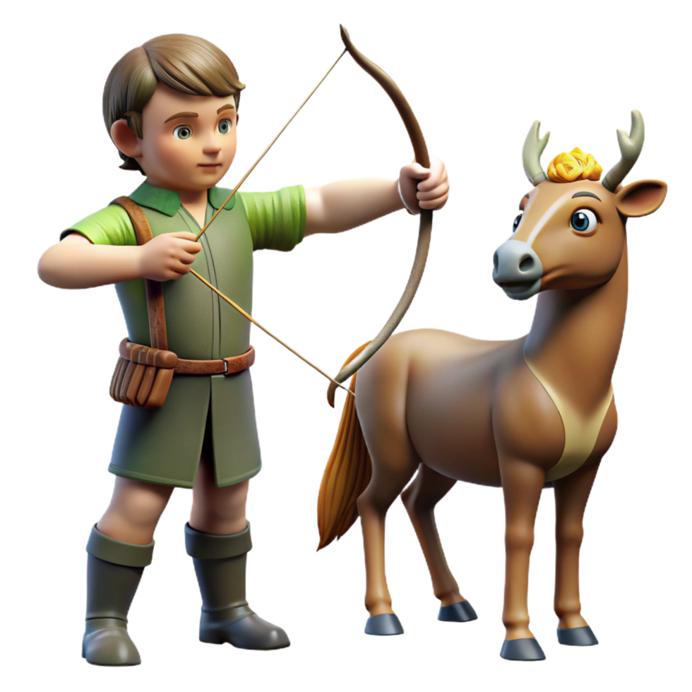 beautiful quintessential A wise centaur, teaching archery to a young boy in a sun drenched forest clearing. Realistic style png