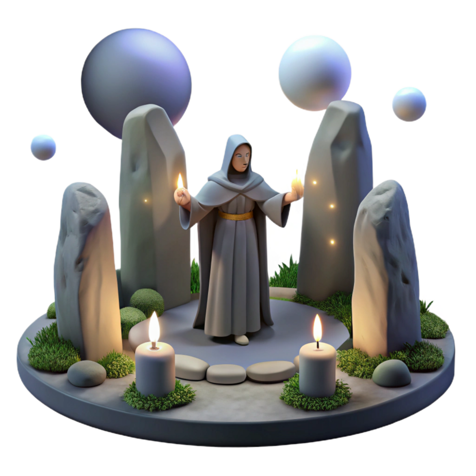 whimsical majestic A mysterious druid performing a ritual in a stone circle, soft moonlight, Celtic style handcrafted png