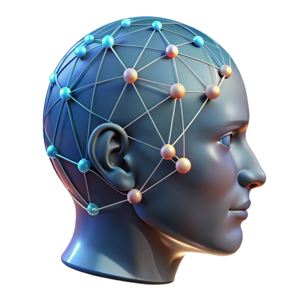 reflective sumptuous A transparent human head with glowing neural networks visible inside, intricate connections and pathways, dark background, scientific illustration style perfect clarity png