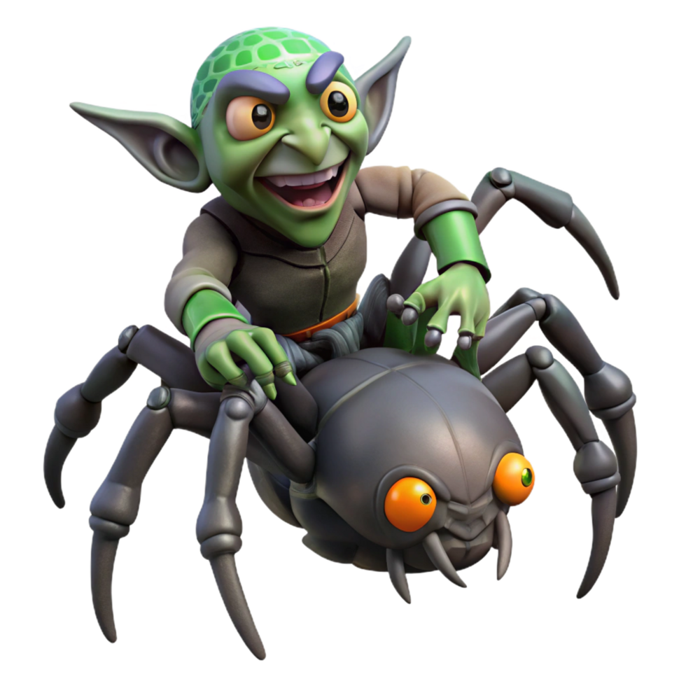 notable baroque A mischievous, goblin riding a giant spider, dimly lit forest, dark fantasy style high quality png