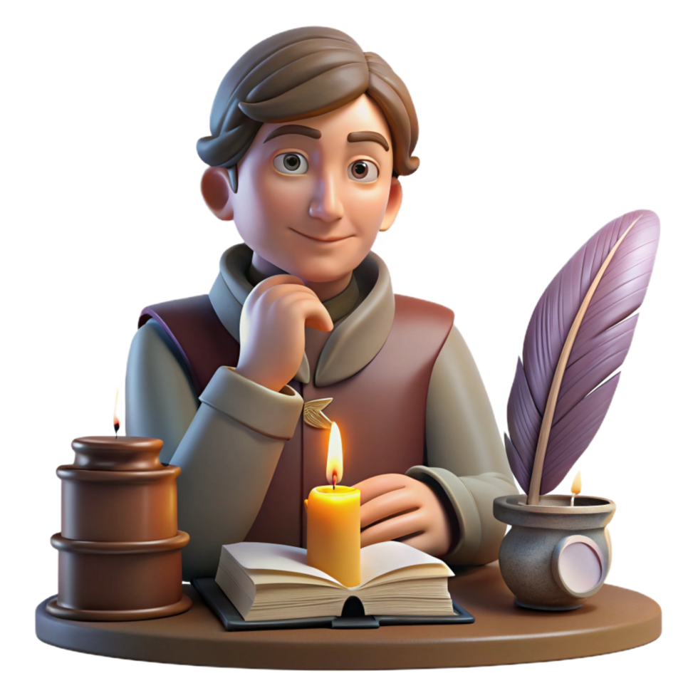 dramatic wonderful Portrait of a thoughtful writer with a quill in hand and a contemplative expression, surrounded by books, lit by the warm glow of a candle, vintage illustration style museum quality png