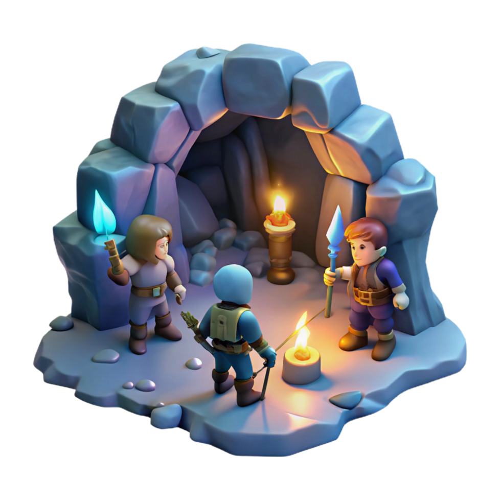 dreamy mesmerizing A group of adventurers exploring a dark and mysterious cave, flickering torchlight, in a classic dungeon crawler style professional png