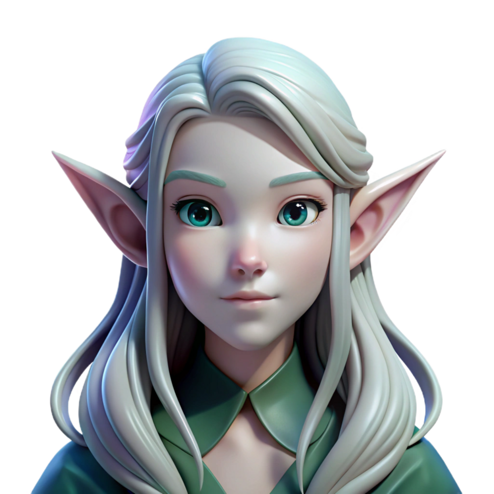 glorious intense creative Portrait of a delicate elf with long, flowing hair, pointed ears, and a serene expression, lit by moonlight filtering through trees, in a ethereal style crisp png