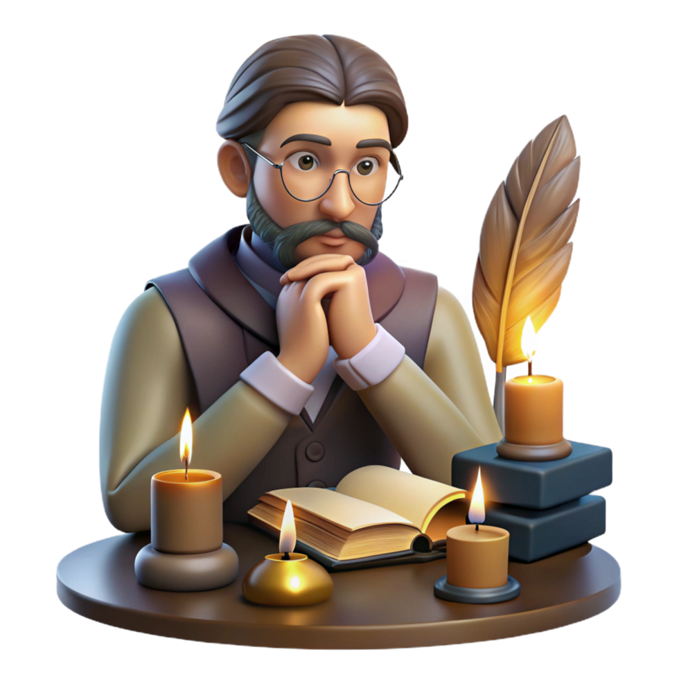 picturesque dreamy futuristic Portrait of a thoughtful writer with a quill in hand and a contemplative expression, surrounded by books, lit by the warm glow of a candle, vintage illustration style 4K png