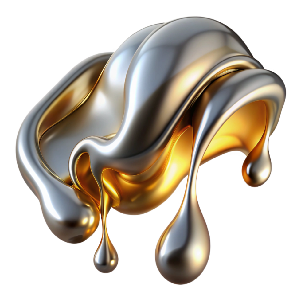 spectacular mid century A cascade of liquid metal, in shades of silver and gold, flowing and dripping, lit by a warm, golden light, in a futuristic style professional png