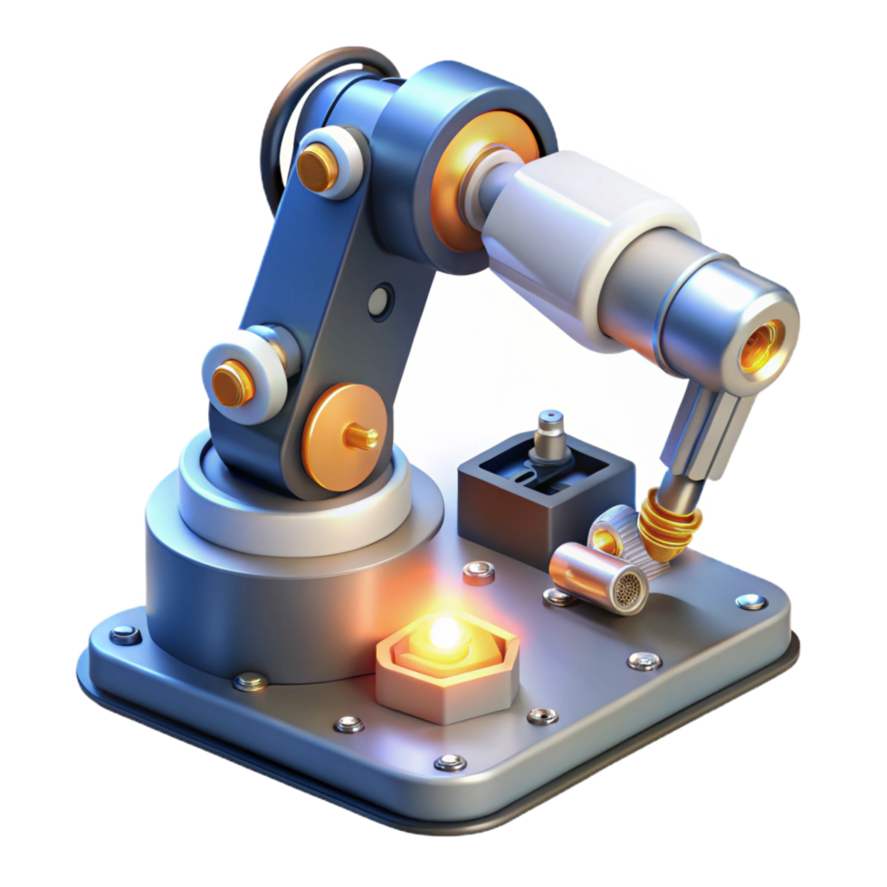 pristine whimsical abstract A robotic arm assembling a complex circuit board, sparks flying, illuminated by industrial lighting, in a photorealistic style flawless png