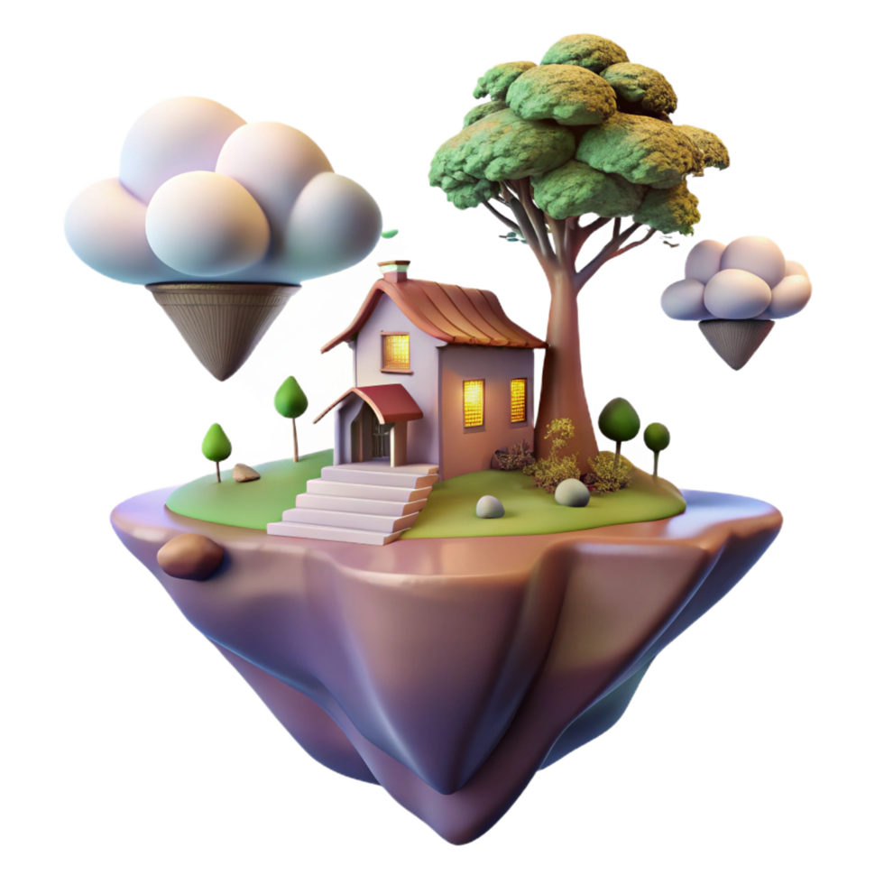 wonderful urban A floating island with a single tree and a small house, peaceful atmosphere, fantasy art, soft lighting, impeccable png