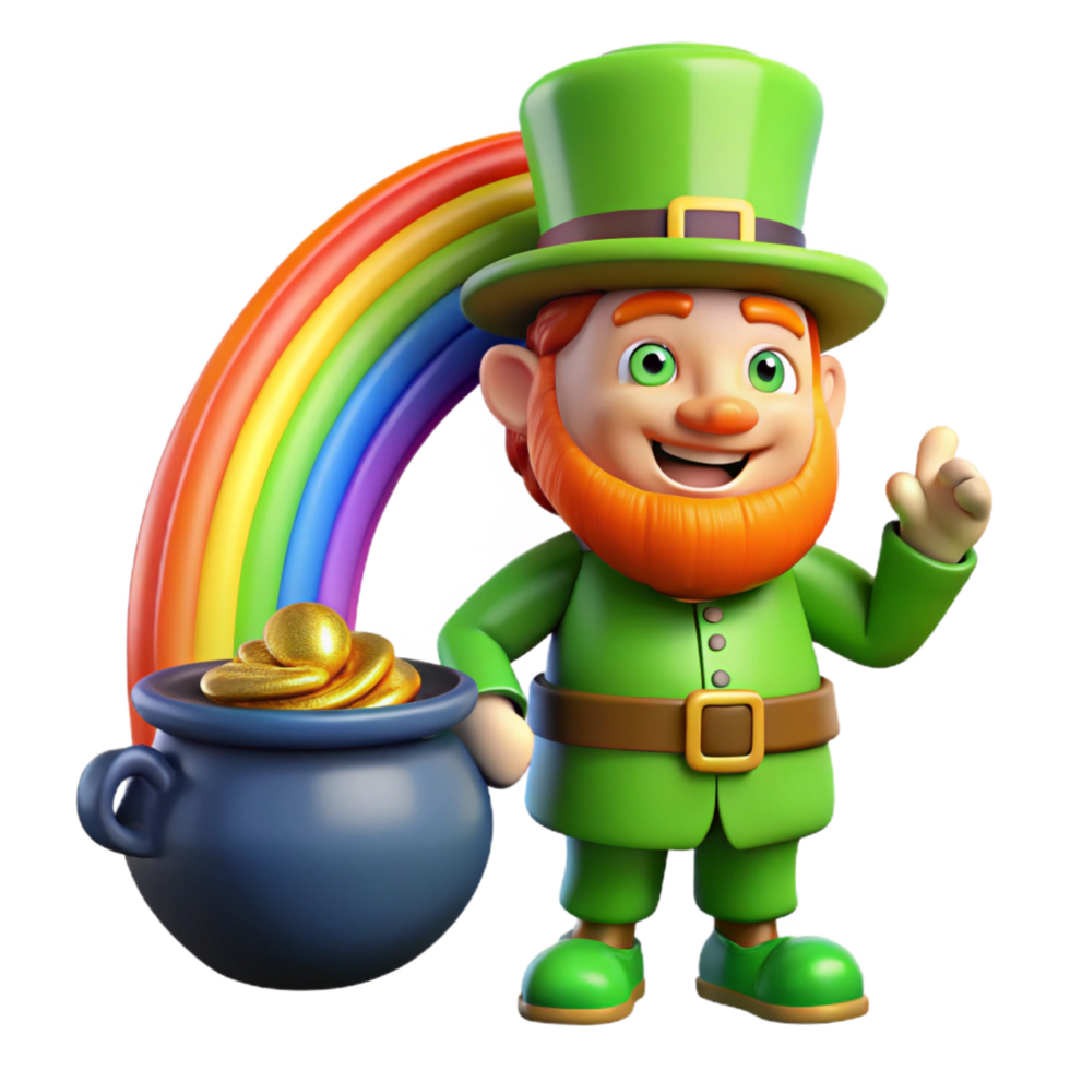 distinguished art deco A mischievous leprechaun guarding his pot of gold at the end of a rainbow, vibrant colors, Irish folklore style professional png