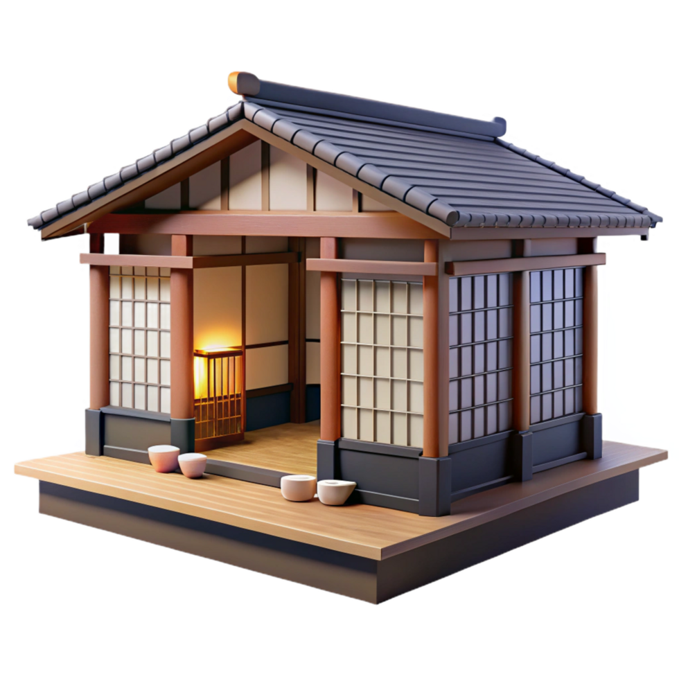wonderful dynamic avant garde A traditional Japanese house with sliding shoji screens, tatami mats, minimalist decor, soft natural light top tier png