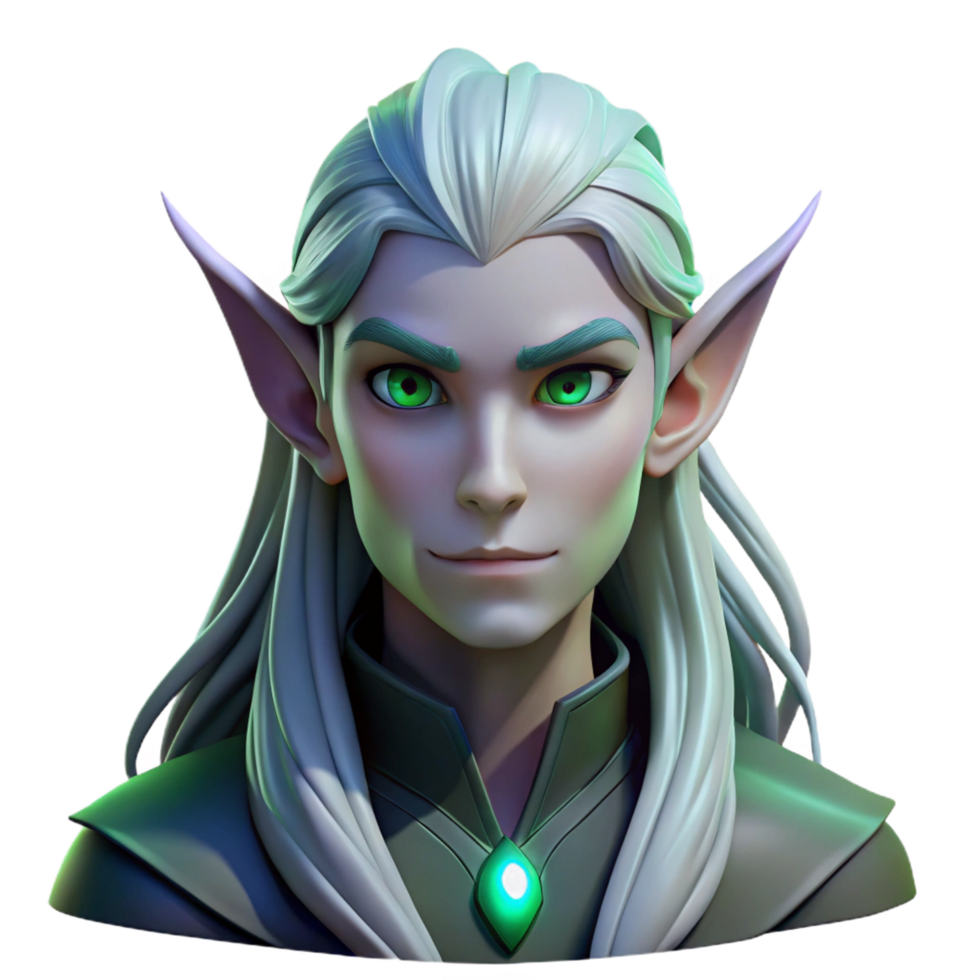 splendid standout Portrait of a mystical elf with pointed ears, long silver hair, and glowing green eyes, lit by moonlight, in a fantasy art style png