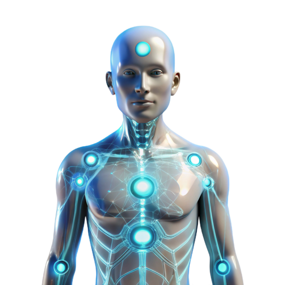 majestic creative A transparent human figure with glowing circuitry visible beneath the skin, surrounded by data streams, illuminated by a soft white light, in a cyberpunk style flawless png