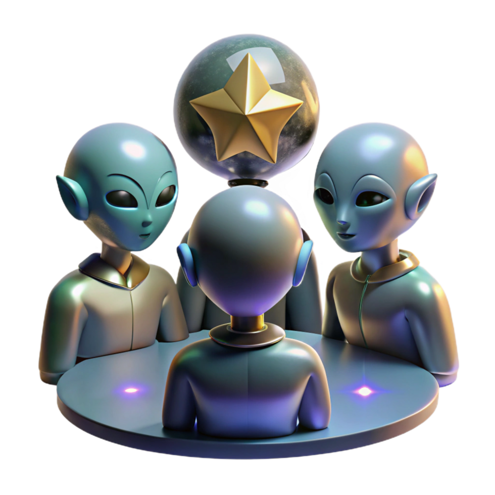 fascinating timeless A group of diverse alien diplomats, gathered around a holographic projection of a dying star, their faces illuminated by its fading light. Somber lighting, painterly style png