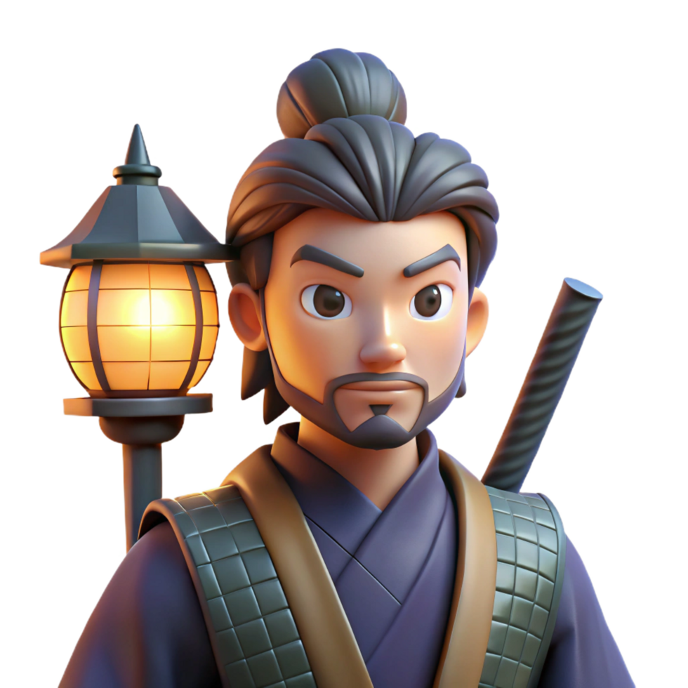 celebrated modern Portrait of a stoic samurai with a katana at their side, illuminated by the soft glow of a paper lantern elite png