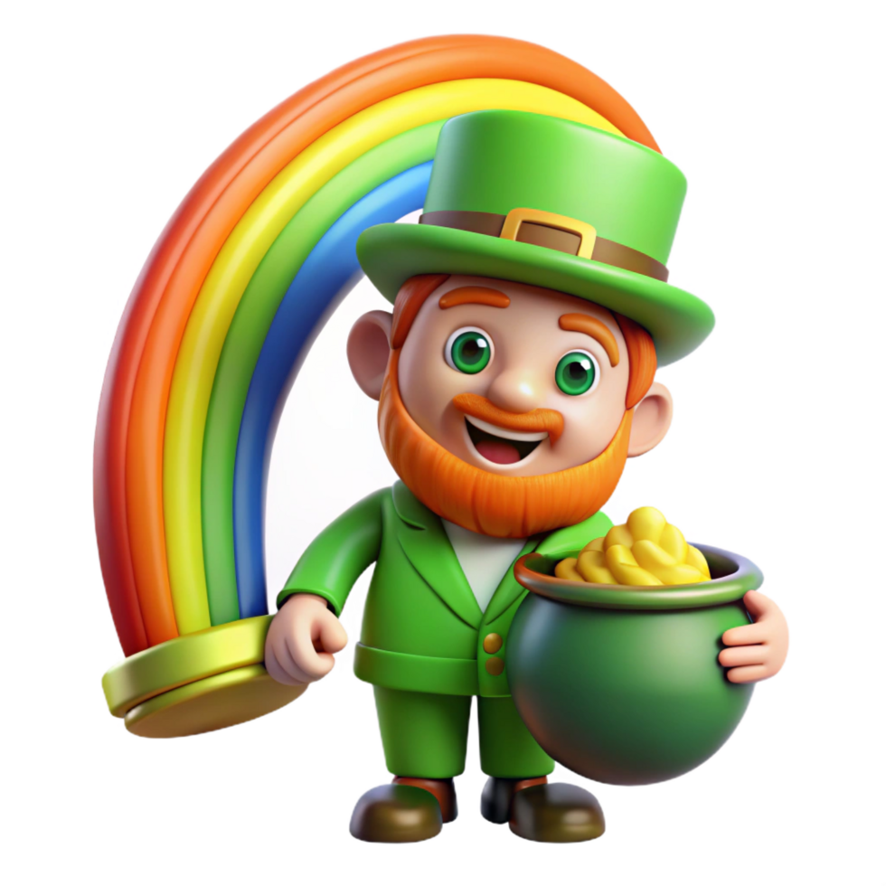glorious geometric A mischievous leprechaun guarding his pot of gold at the end of a rainbow, vibrant colors, Irish folklore style refined png