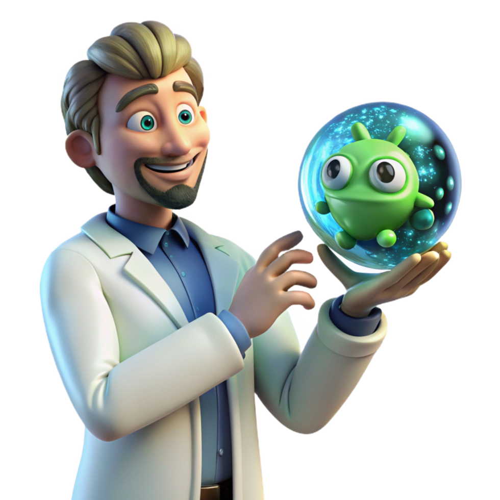 dramatic playful rustic A scientist in a sterile, white lab coat examines a pulsating, bioluminescent alien artifact contained within a force field. Clinical, realistic style studio quality png