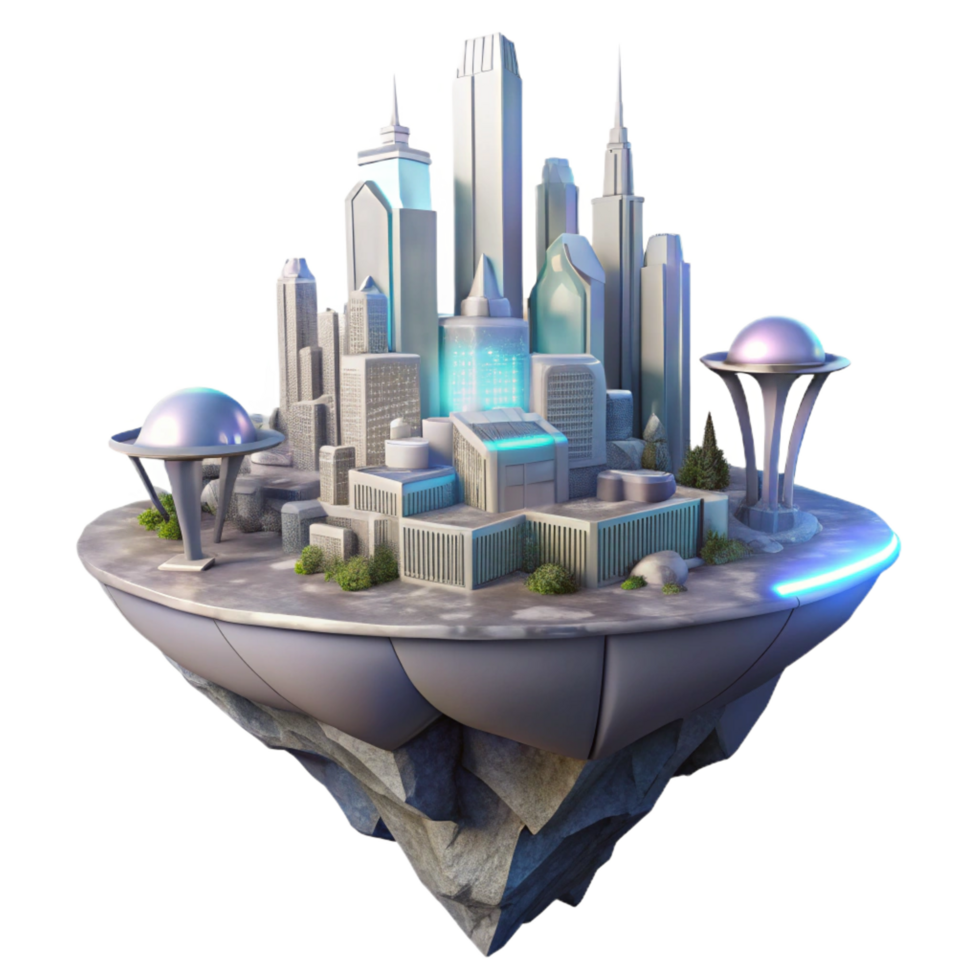 enchanting nostalgic vintage A futuristic city built on a floating island, ethereal lighting, fantasy art style 8K png
