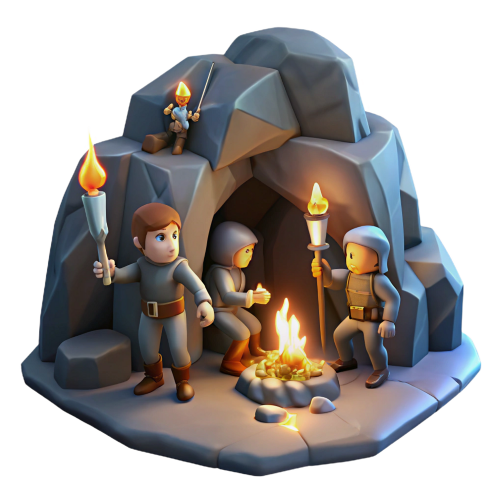 coveted surreal A group of adventurers exploring a dark and mysterious cave, flickering torchlight, adventurous and gritty style 8K png