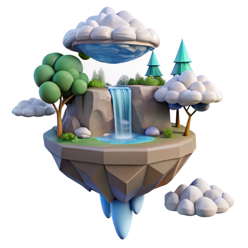 alluring standout A floating island in the sky, connected to the ground by a waterfall, whimsical style, fantasy art, png