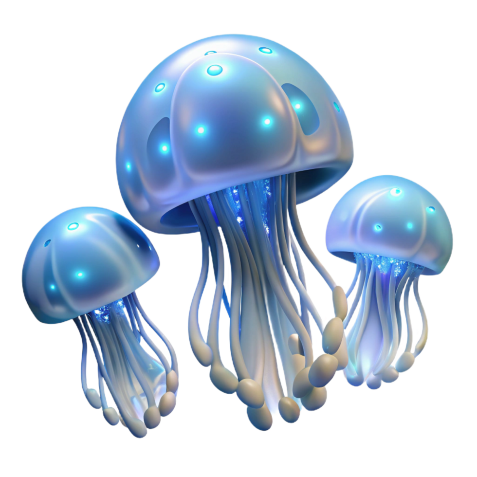 alluring bohemian A group of jellyfish floating in the ocean, bioluminescent lighting, ethereal and otherworldly style crisp png