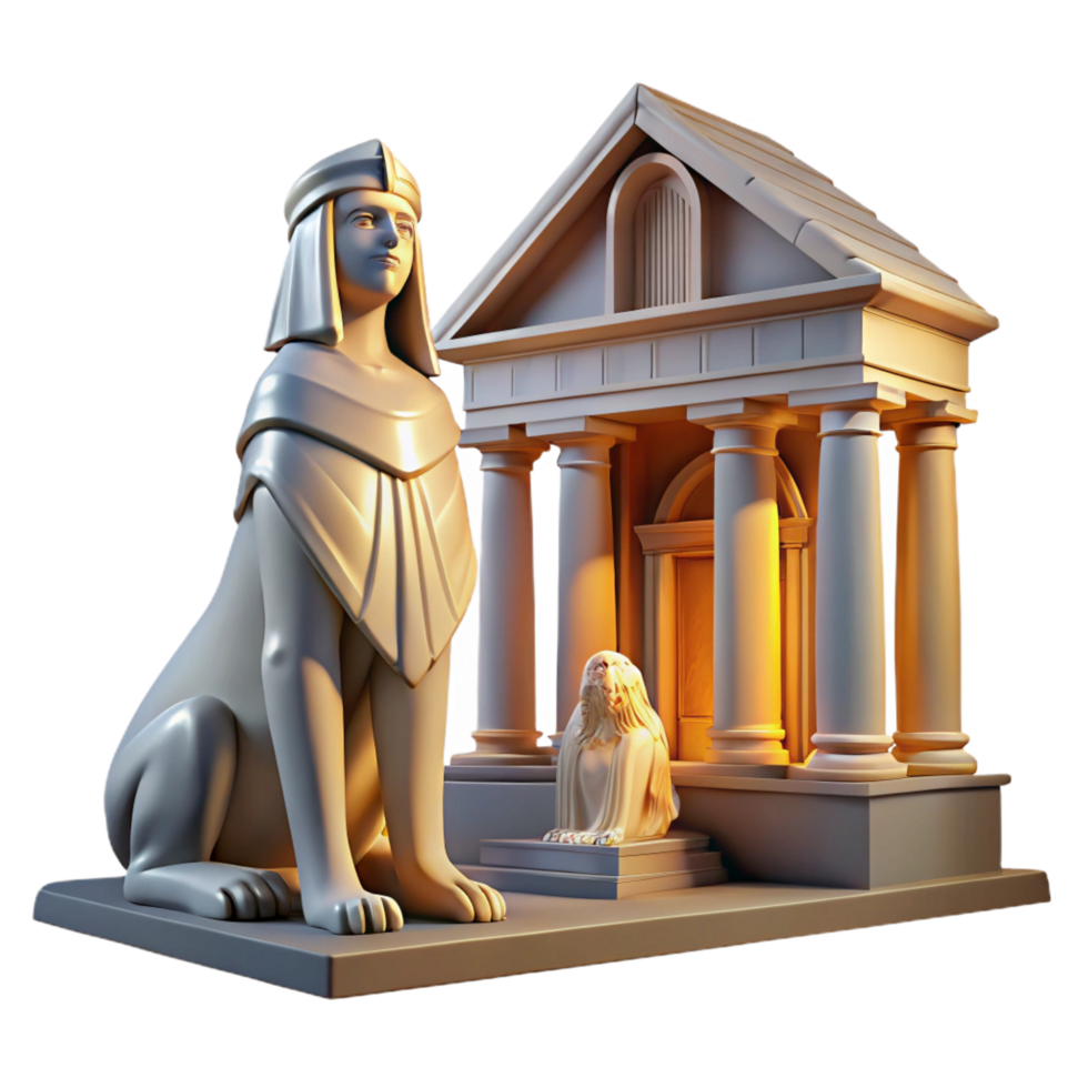 fascinating sought after A mysterious sphinx with the head of a woman and the body of a lion, guarding an ancient temple, dramatic lighting png